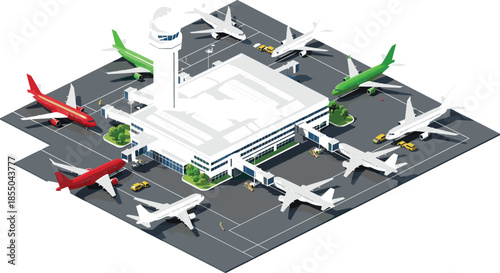Isometric airport terminal vector illustration with airplanes, control tower, runways, and ground operations, modern aviation and air travel infrastructure concept