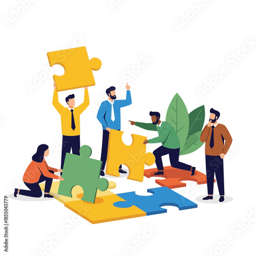 Collaborative synergy and problem-solving are illustrated by four diverse business people working together to connect giant jigsaw puzzle pieces in this pure flat 2D vector illustration.