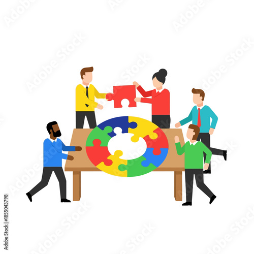 Collaborative problem-solving is visualized as a diverse business team successfully places the final piece of a complex jigsaw puzzle in this seasonal pure flat 2D vector illustration.