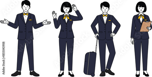Airline cabin crew vector illustration set with flight attendants in uniform, professional service staff characters for aviation, travel, and airline branding design