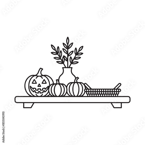 A halloween still life with pumpkins a vase and a woven basket