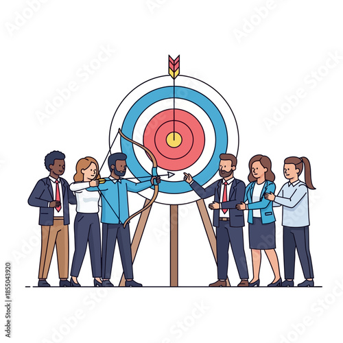 A diverse business team aims a large arrow at a central target, showcasing cooperative effort to reach a shared organizational goal in a pure flat 2D vector illustration.