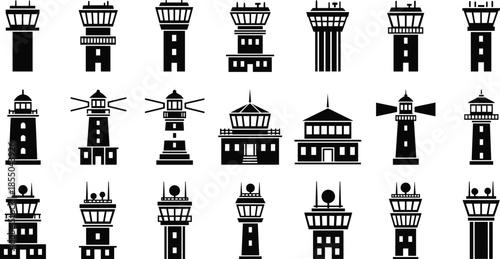 Airport control tower icon vector set with different tower silhouettes and designs, aviation infrastructure symbols for air traffic management and transportation graphics