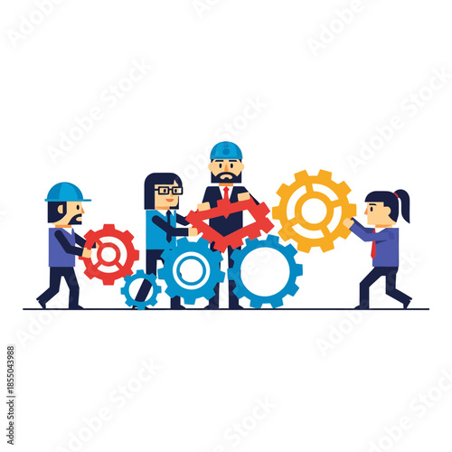 Vibrant 2D vector illustration: Three minimalist figures rotate interlocking gears, depicting business process alignment, operational efficiency, and collaborative teamwork.
