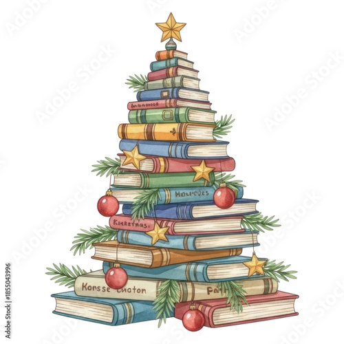 Christmas tree made of books isolated on transparent background
