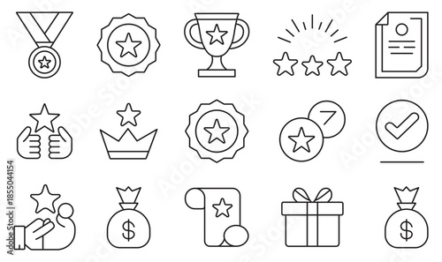 Set of award and gift icon. Benefit icon collection set. reward, loyalty, bonus, star, winner, award, employee, and more. Editable stroke vector illustration.