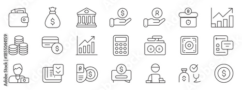 Finance and business line icons collection.  editable stroke line icon set with money, bank, check, law, auction, exchance, payment Vector illustration