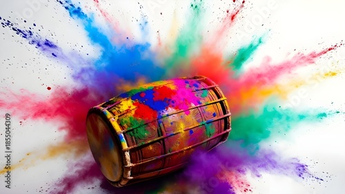 traditional dhol drum sits at the center of a powerful explosion of vibrant colored powders.