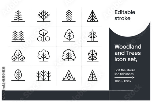 trees and woodland icon collection containing 16 editable stroke icons perfect for logos, stats, and infographics with the ability to edit line thickness in vector apps.