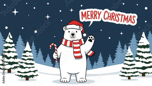Merry christmas polar bear in snowy forest with candy cane and santa hat waving hand