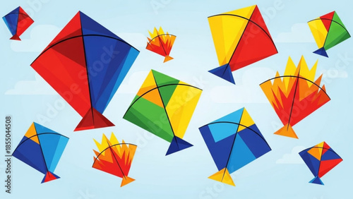 Colorful kites flying in a blue sky with diverse designs and vibrant colors