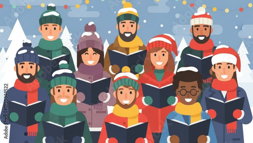 Diverse group of smiling people wearing winter clothing singing christmas carols with songbooks outside