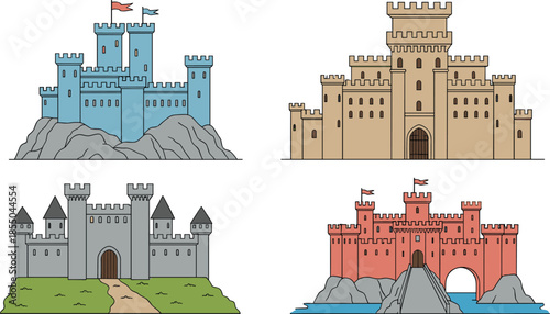 Medieval castle vector illustration set with stone fortresses, towers, walls, and flags, historic architecture designs for fantasy, history, and game environments