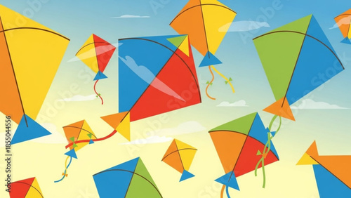Colorful kites flying in the sky, vibrant kite illustration, multiple kites in various colors