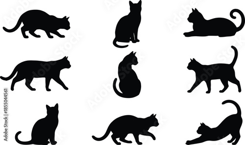 Black cat silhouette collection showing various poses and movements, minimalist feline vector set isolated on gray background for design, icons, and decoration use