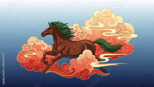 Brown horse with green mane and tail running among red and orange clouds on blue background