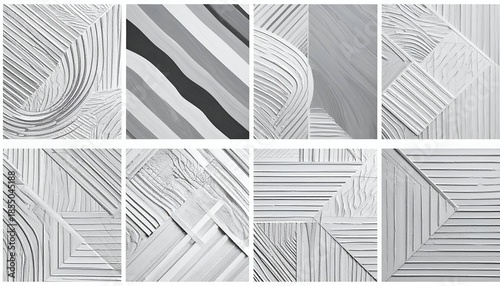 Eight panels of gray-scale textured art, abstract and geometric, varied compositions