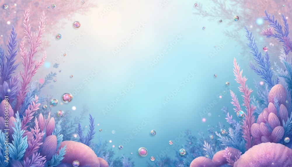 Fototapeta premium Pastel underwater scene with fantasy sea plants and iridescent bubbles. Gentle blue and pink hues create dreamy ocean floor. Seamless background for magical themes.