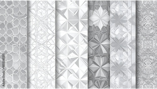Seven vertical panels displaying different white, textured, geometric patterns