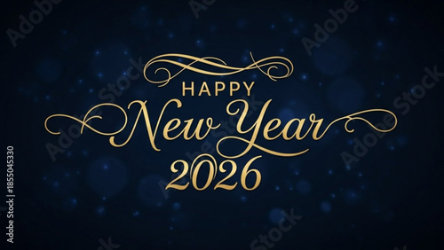 Happy new year 2026 gold text on dark blue background with starry night sky