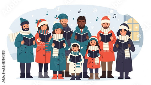 Diverse group of people dressed in winter clothing singing christmas carols together outdoors