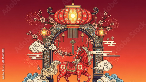 Vibrant chinese new year celebration scene with red horse, lanterns, fireworks, and ornate archway, symbolizing good fortune and prosperity