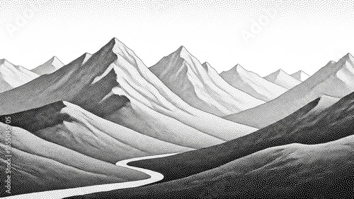 A grayscale illustration of a winding road through a mountain range with snow capped peaks and rolling hills under a clear sky