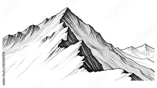 Detailed illustration of a majestic mountain range with snow covered peaks and rugged terrain in black and white