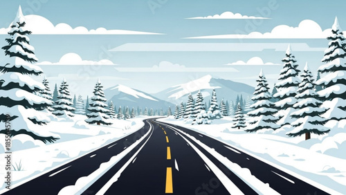 Snowy road with pine trees and mountains in the background on a cloudy day