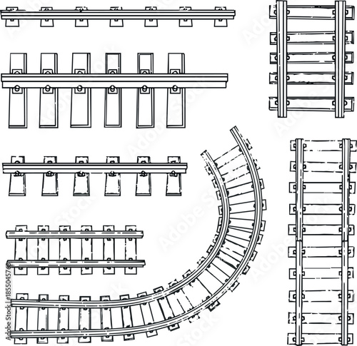 Create kinds of line art Railroad Tracks and Sleepers. Editable Vector Illustration PNG white Background