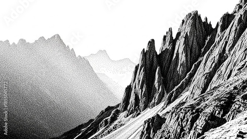 Dramatic black and white rocky mountain range landscape with jagged peaks and rugged terrain in the mountains