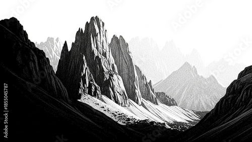 Dramatic rugged mountain range landscape with sharp peaks and snow covered slopes in black and white