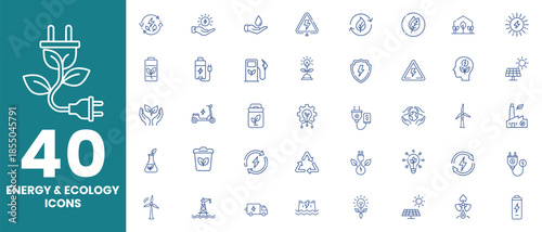 Ecology energy icon set. Containing renewable energy, ecology, green electricity. Editable stroke. Vector illustration