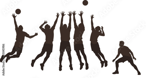 Basketball players silhouettes jumping, defensive block action, team sport motion, athletic men contesting ball, isolated black vector illustration on white