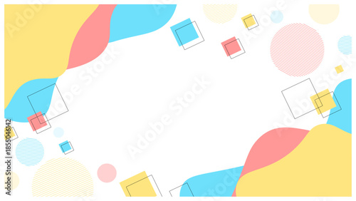 ポップで可愛い流体シェイプとメンフィスのフレーム背景 (黄色 水色 オレンジ)