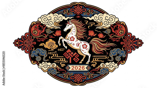 White horse with red symbols, flowing mane and tail, surrounded by ornate floral patterns, clouds, 2026, in traditional chinese style, on black background