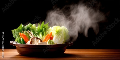 Family nabe dinner concept. Steaming vegetables in a wooden bowl on a dark background.