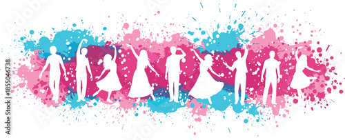 Colorful dancing people silhouettes, abstract paint splashes background, joyful celebration energy, modern party lifestyle concept, vibrant vector illustration isolated