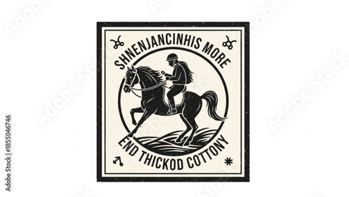 Vintage horse riding emblem with equestrian theme and floral pattern on cream background