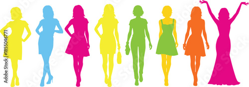 Colorful female fashion silhouettes, diverse women walking poses, stylish dresses, vibrant flat vector illustration isolated on white background studio design