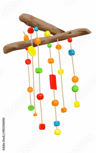 a colorful wind chime with colorful beads hanging from wood branch