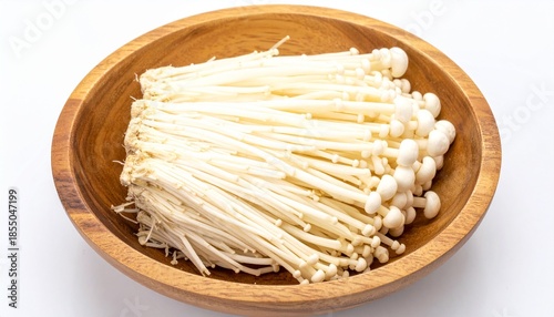 Fresh Enoki Mushrooms in Wooden Bowl