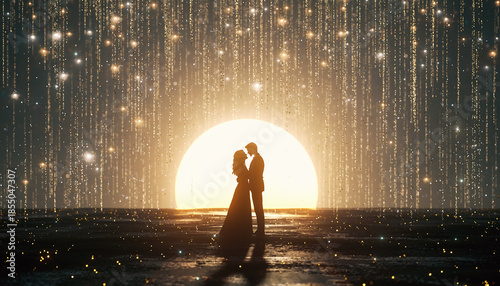 Romantic couple silhouette with fireflies and sunset backdrop