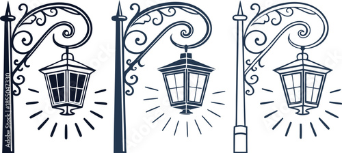 Three stylized illustrations of vintage street lamps are presented against a white background. Each lamp is depicted with a different color scheme one in black outlines, one in a dark navy blue, and a