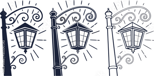 Three stylized illustrations of vintage street lamps are presented against a white background. Each lamp is depicted with a different color scheme one in black outlines, one in a dark navy blue, and a