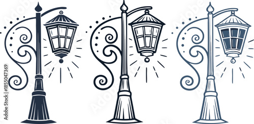 Three stylized illustrations of vintage street lamps are presented against a white background. Each lamp is depicted with a different color scheme one in black outlines, one in a dark navy blue, and a