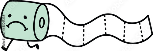 Funny toilet paper character running with sad face, cute cartoon tissue roll mascot, hygiene and bathroom humor, vector illustration, white background, comic.