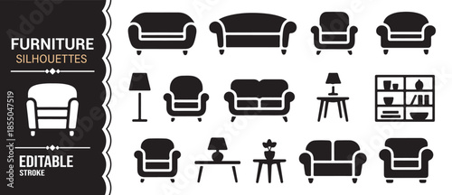 Minimal solid furniture icon set for interior styling and architectural design