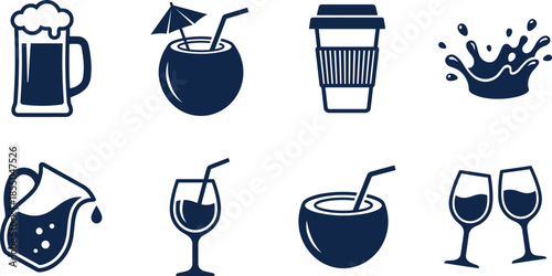 Set of beverage and drink icons, liquid splash with beer mug and coffee cup, tropical coconut cocktails and wine glasses, vector illustration, party.