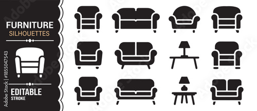 Editable furniture silhouette collection for catalogs, layouts, and room planning